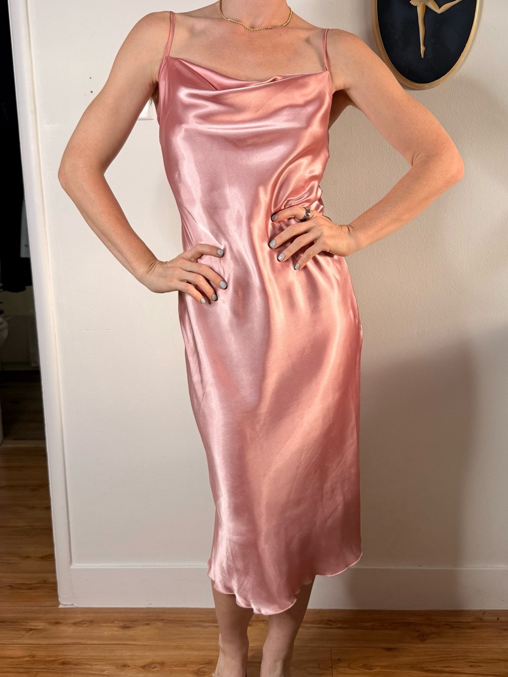 Bebe Rose Pink Satin Slip Midi Dress